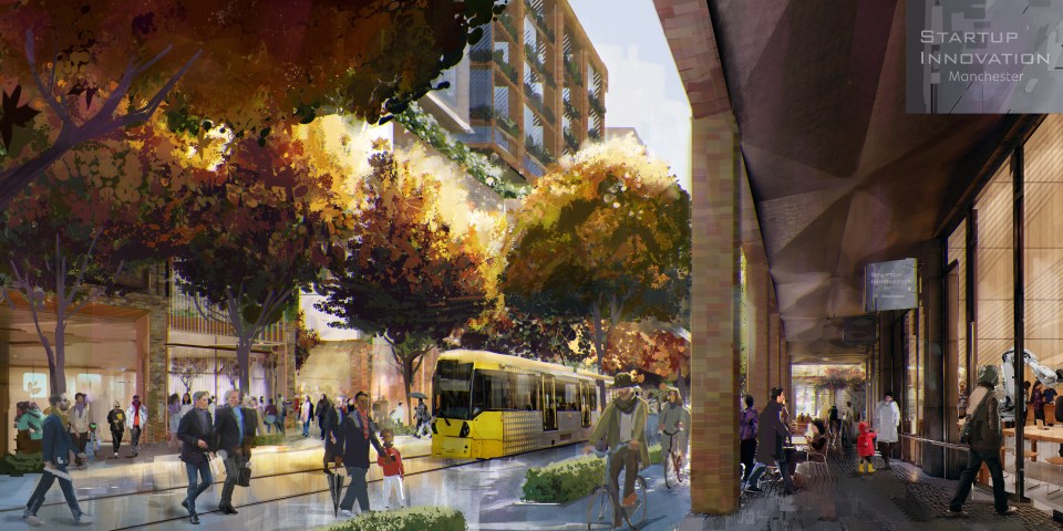 Illustration of a city street scene with a tram, pedestrians, and autumn trees.