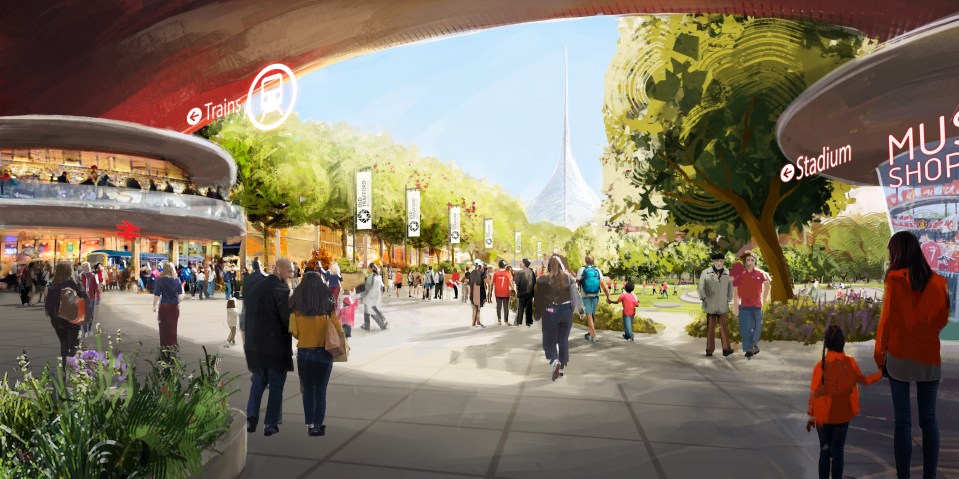 Illustration of a plaza with people walking towards a stadium and train station.