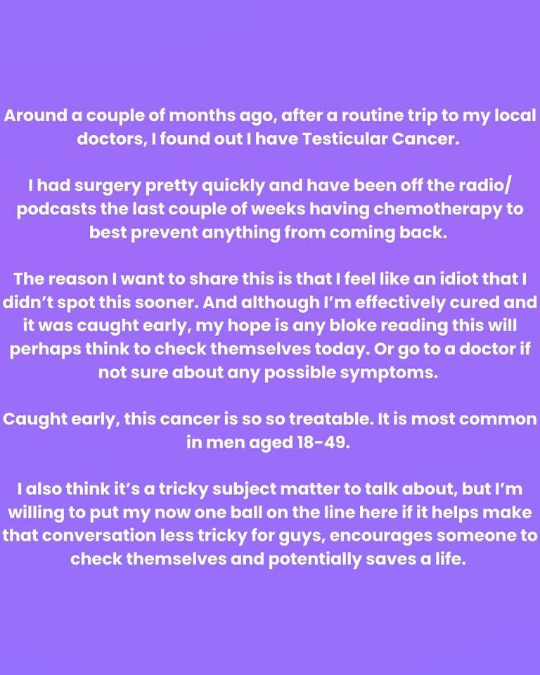 Text post about testicular cancer diagnosis and treatment.