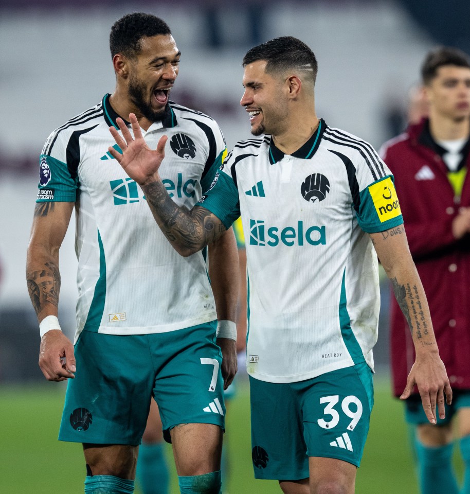 Bruno Guimarães and Joelinton of Newcastle United celebrating.