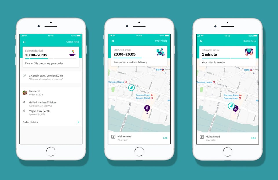 Three smartphone screenshots showing the stages of a Deliveroo order: preparation, delivery, and arrival.