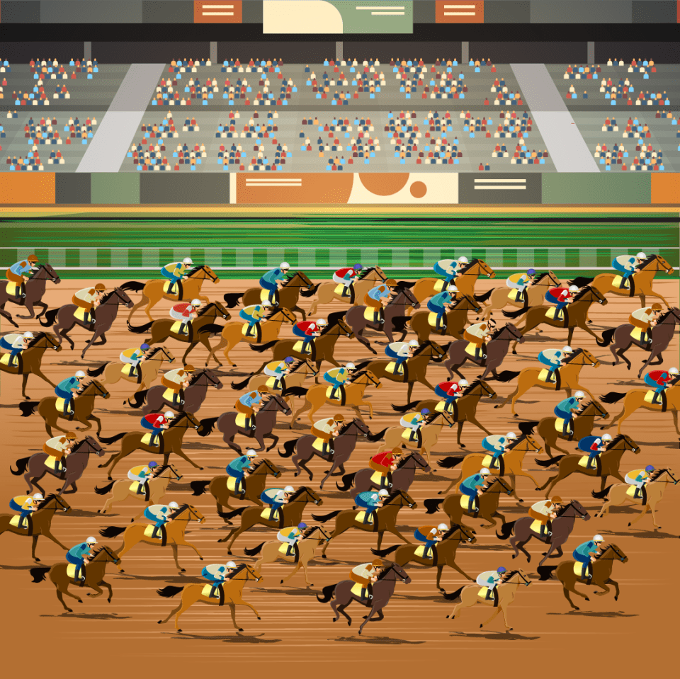 Illustration of a horse race with many horses and jockeys; can you spot the jockey without a hat?