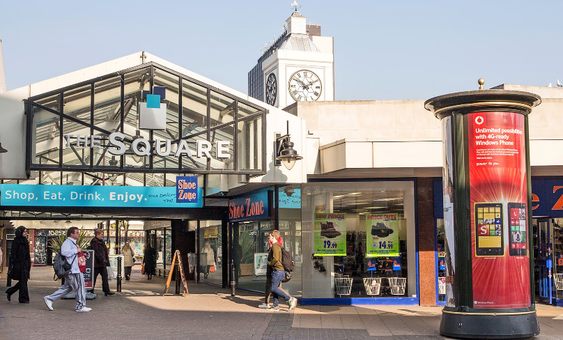 The Square Shopping Centre, featuring B&M, British Heart Foundation, and Subway.