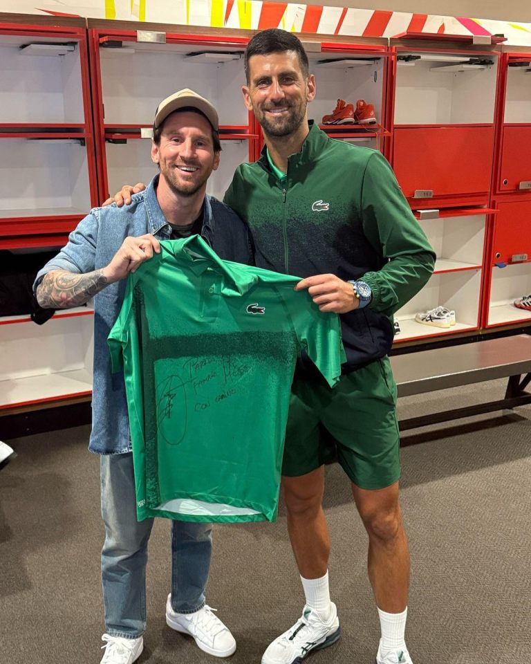 Lionel Messi and Novak Djokovic holding a signed shirt.