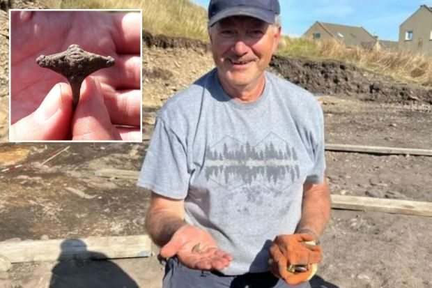 An image collage containing 2 images, Image 1 shows Volunteer holding a 1,000-year-old Pictish ring at an archaeological dig, Image 2 shows Close-up of a Pictish ring held in a hand