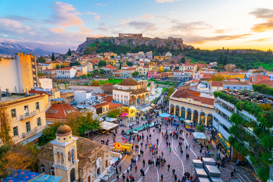 Aerial view of the Acropolis and Monastiraki square in Athens, Greece.