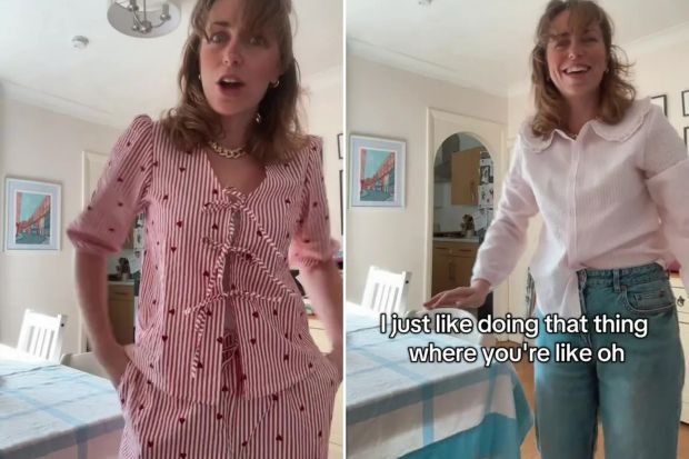 An image collage containing 2 images, Image 1 shows Woman modeling red and white striped pajamas with small hearts, Image 2 shows Woman in pink pajama top and jeans in a dining room