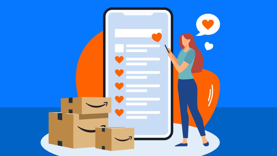 Illustration of a woman adding items to a wish list on a smartphone, with Amazon boxes nearby.