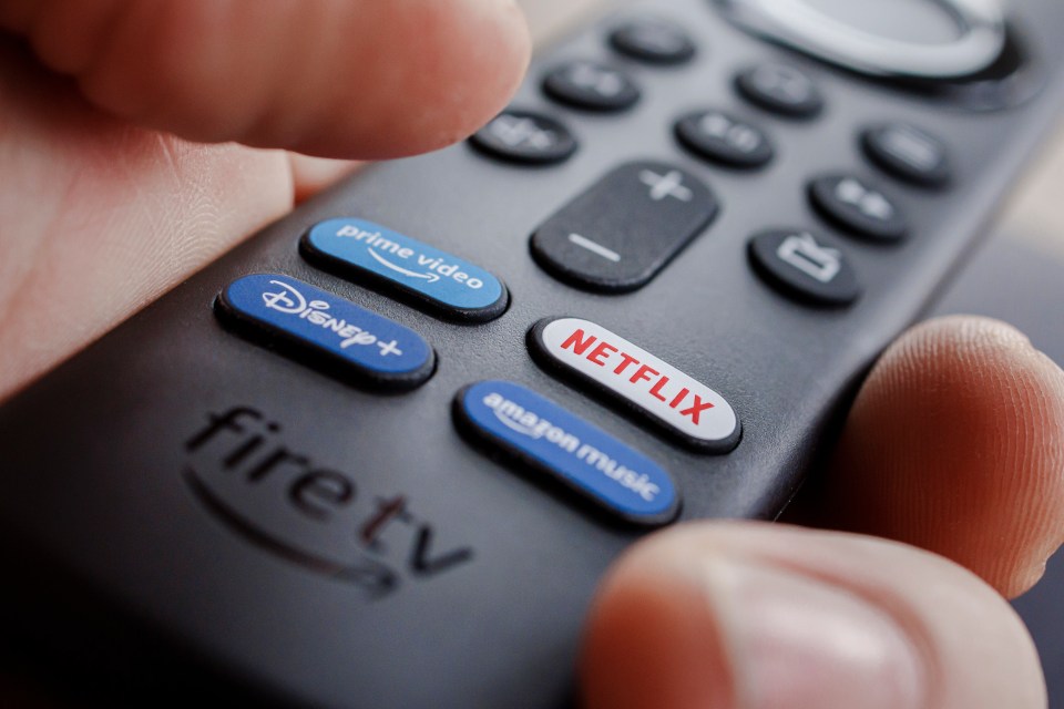 Amazon Fire TV remote with Netflix, Disney+, Prime Video, and Amazon Music buttons.