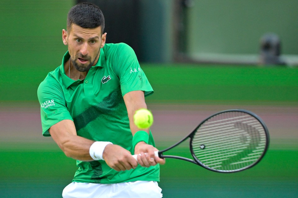 Novak Djokovic hitting a tennis ball.