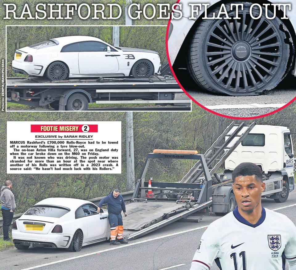 Newspaper clipping about Kyle Walker's wife facing a driving charge and Marcus Rashford's Rolls-Royce having a tire blowout.
