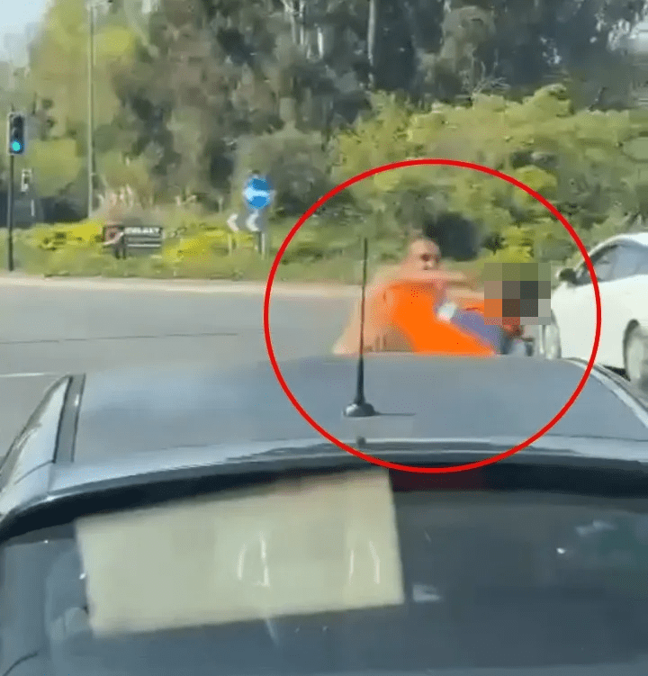 Video still of a road rage incident: two men fighting on a roundabout.