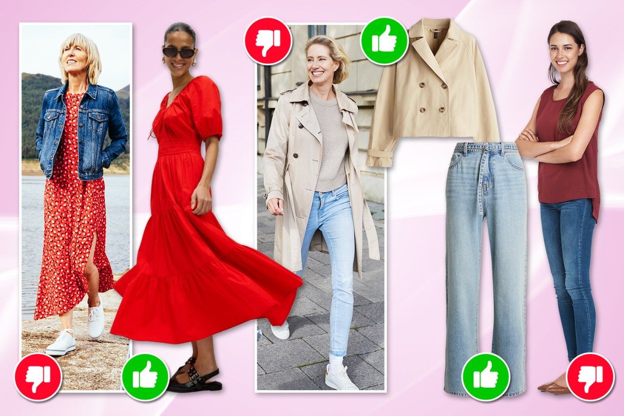 Collage of women's outfits with thumbs up and thumbs down indicating style choices.