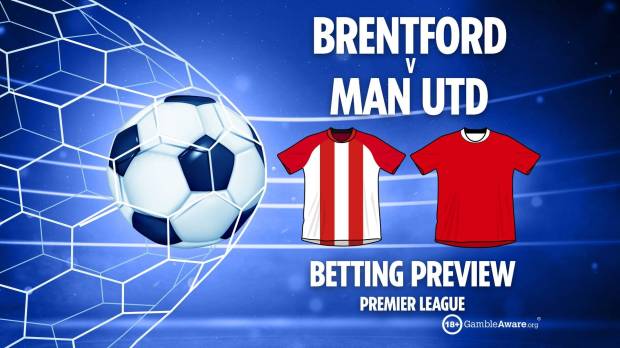 Illustration of a soccer ball in a net, Brentford vs Man Utd jerseys, and betting preview text.