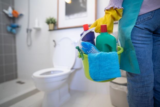 An image collage containing 1 images, Image 1 shows A cleaning woman in a bathroom holding a bucket of cleaning supplies