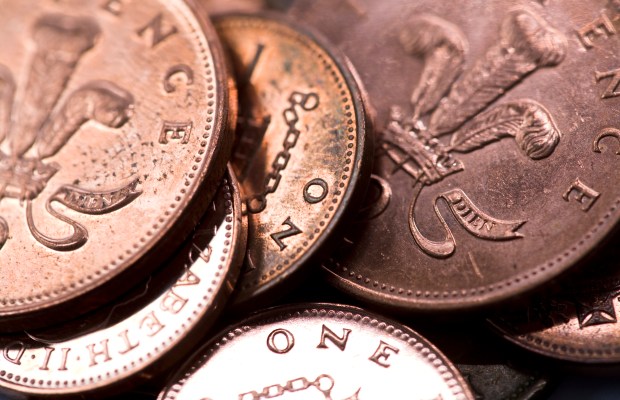 Close-up of British copper coins.