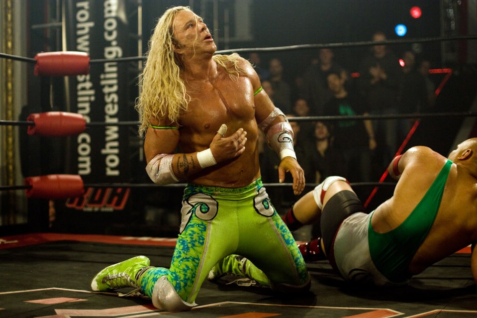 Film still of Mickey Rourke as a wrestler.