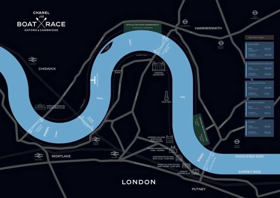 Map of the Oxford and Cambridge Boat Race course on the Thames River in London.