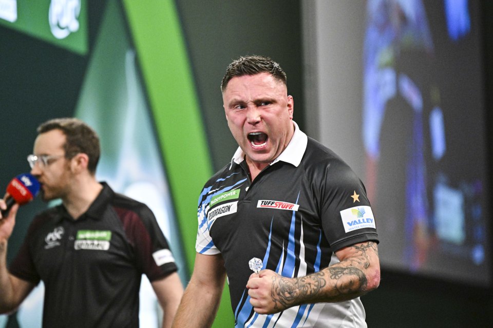 Gerwyn Price celebrating a darts win.