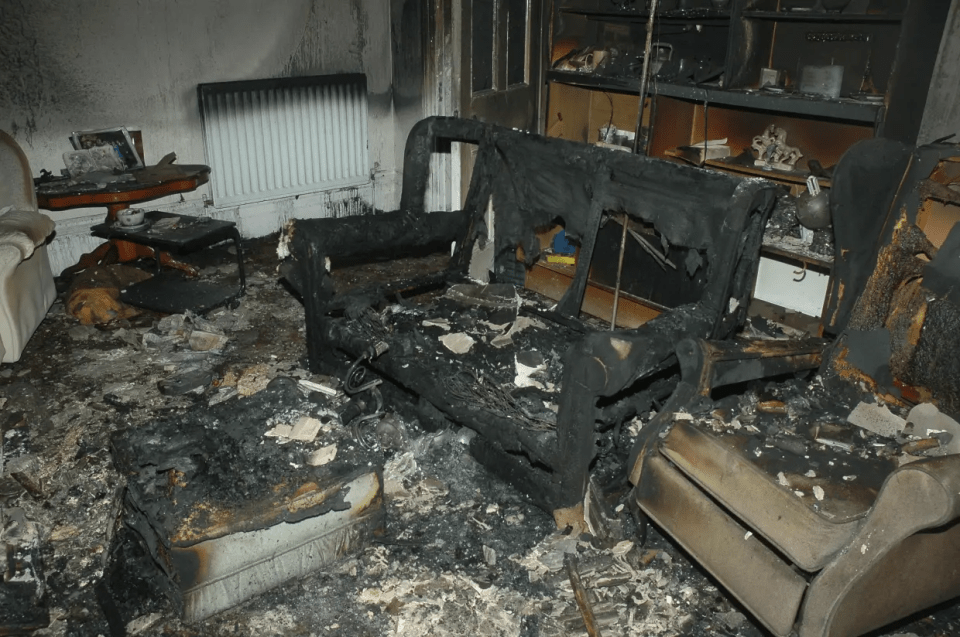Fire damage to a living room.