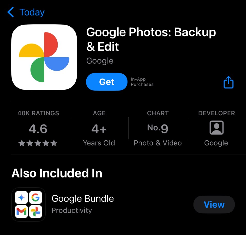 Google Photos app store listing.