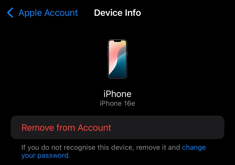 iPhone 16e device info on Apple Account screen.