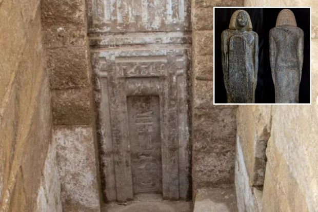 An image collage containing 2 images, Image 1 shows Pink granite false door discovered in a 4,400-year-old Egyptian tomb, Image 2 shows Black granite statue found in an Egyptian tomb