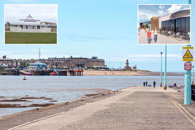 An image collage containing 3 images, Image 1 shows Fleetwood, Lancashire viewed from a slipway across the Wyre River estuary, Image 2 shows Illustration of a seaside town promenade with new leisure center and town hall, Image 3 shows Fleetwood leisure centre and town hall upgrade