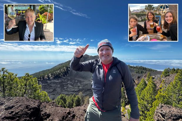 An image collage containing 3 images, Image 1 shows Person giving thumbs up overlooking volcanic landscape in Canary Islands, Image 2 shows Man in a suit enjoying a grilled lobster meal with a glass of white wine in the Canary Islands, Image 3 shows A woman and two girls enjoying drinks and dessert at an outdoor cafe in the Canary Islands