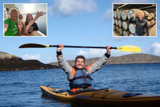 An image collage containing 3 images, Image 1 shows Man celebrating in a kayak with paddle raised, Image 2 shows Man toasting with whisky in a distillery surrounded by barrels, Image 3 shows Family selfie on a ferry, overlooking the sea and mountains