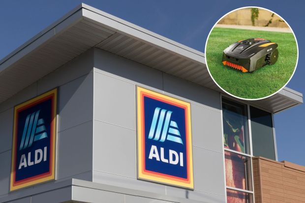 An image collage containing 2 images, Image 1 shows Aldi store exterior with two large signs, Image 2 shows Robot lawnmower on a lawn