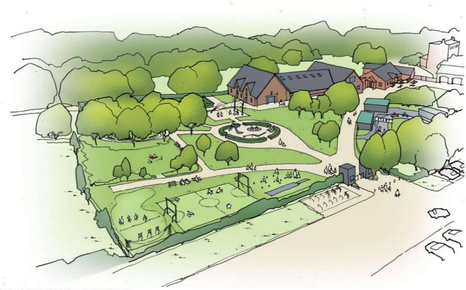 Illustration of plans to revamp a former theme park into a park with a building, playground, and sports fields.