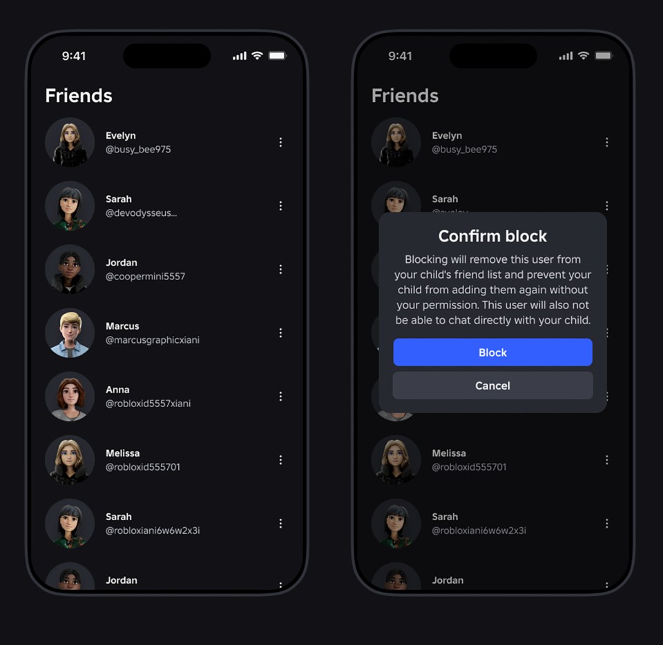 Illustration of a Roblox mobile app showing a friends list and a confirmation block popup.