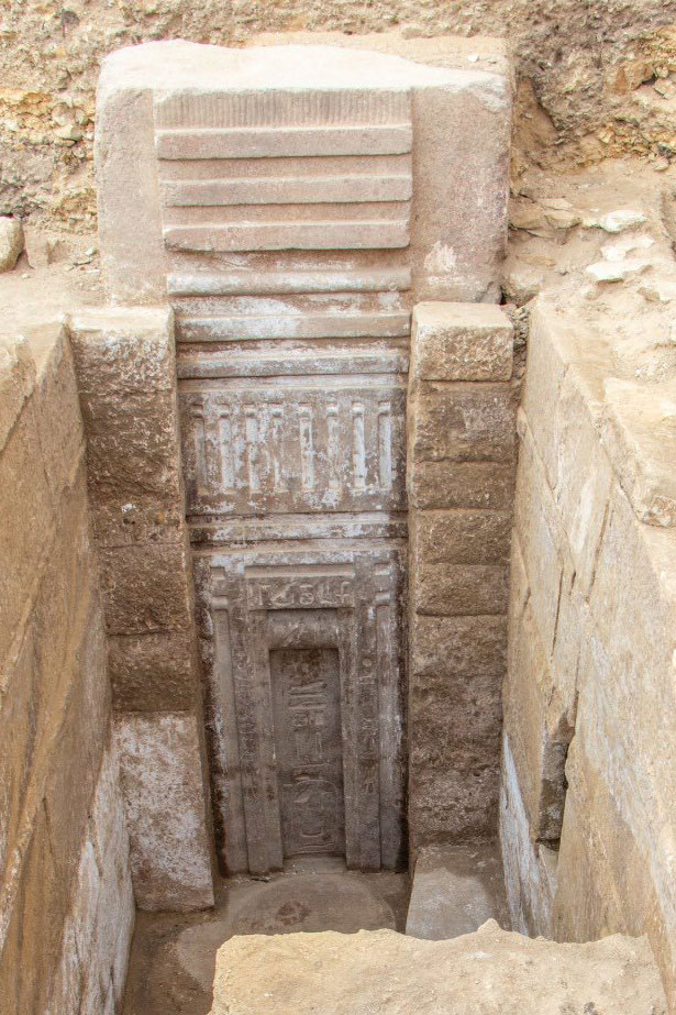 Pink granite false door discovered in a 4,400-year-old Egyptian tomb.
