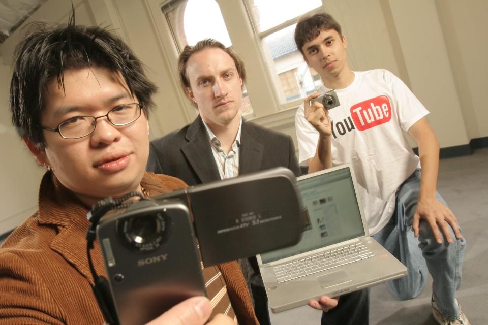 YouTube founders Steve Chen, Chad Hurley, and Jawed Karim in their office.