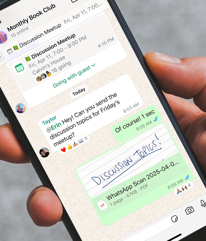 WhatsApp chat showing book club meetup details and discussion topic exchange.