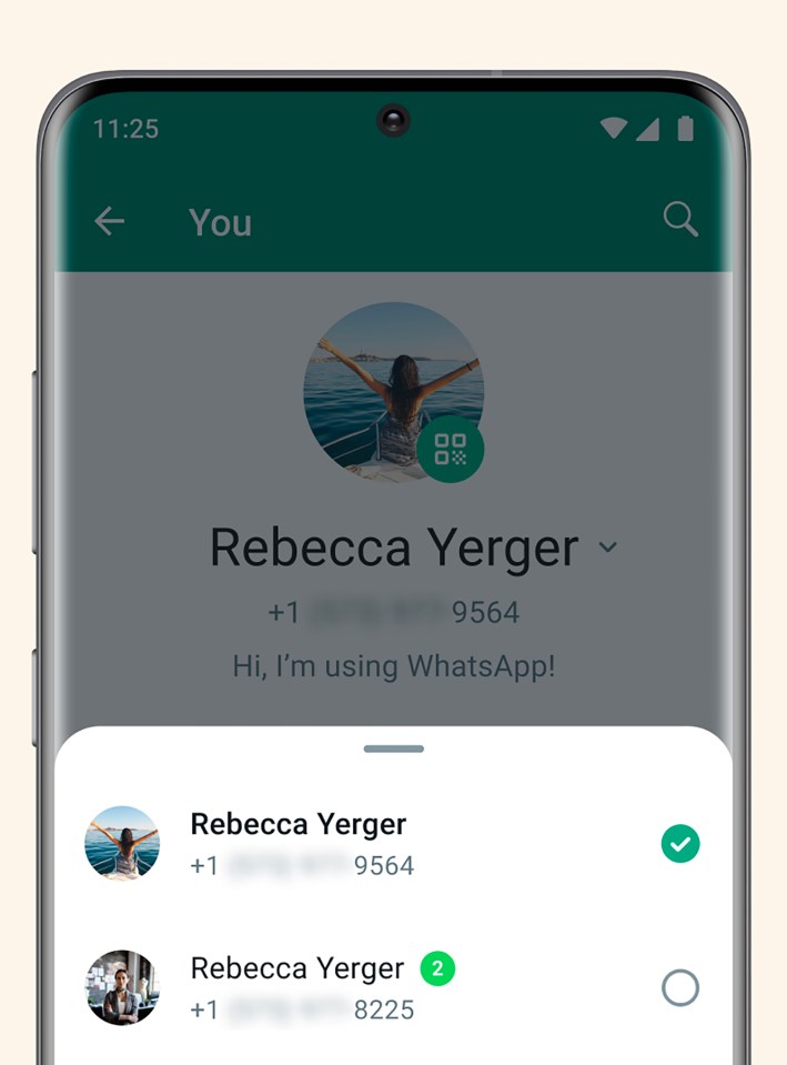 Whatsapp profile showing two phone numbers for Rebecca Yerger.