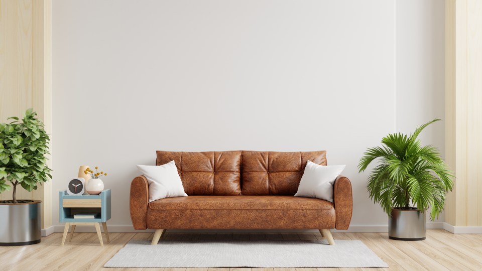 Illustration of a brown leather sofa in a minimalist living room.