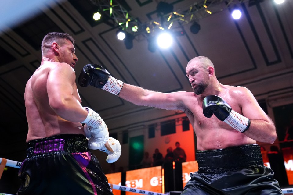 Hughie Fury boxing Dan Garber at York Hall, London.