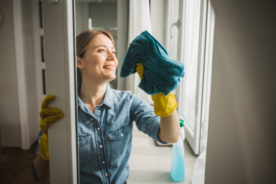 Woman cleaning a window.