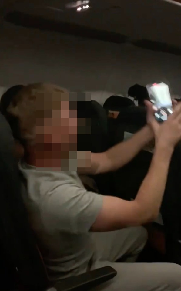 A partially obscured image of a passenger on an airplane.