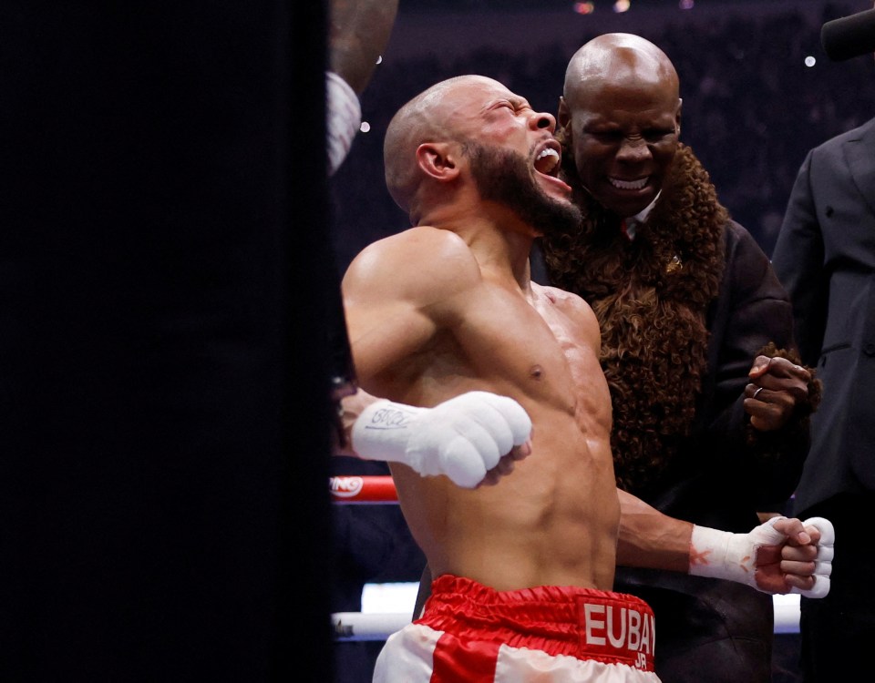 Chris Eubank Jr. celebrates after a boxing match.