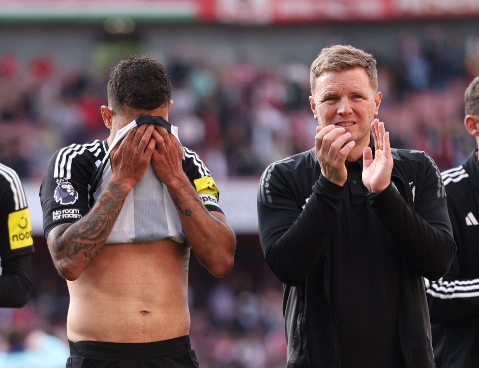 Newcastle United manager Eddie Howe and Bruno Guimaraes react after a match.