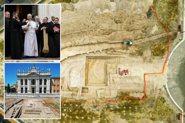 An image collage containing 3 images, Image 1 shows Aerial view of an excavated ancient papal palace in Rome, Image 2 shows Pope Leo XIV at the Shrine of the Mother of Good Counsel in Genazzano, Italy, Image 3 shows Excavated ruins of an ancient papal palace in Rome, in front of a basilica