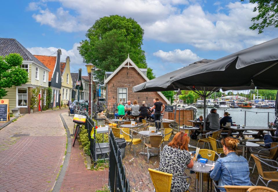 Cafe patio scene in Amsterdam, Netherlands.