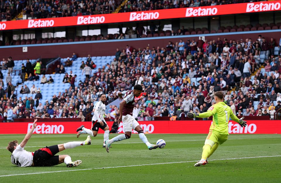 BIRMINGHAM, ENGLAND - MAY 03: Ollie Watkins of Aston Villa misses a chance, as Bernd Leno of Fulham attempts to make the save during the Premier League match between Aston Villa FC and Fulham FC at Villa Park on May 03, 2025 in Birmingham, England. (Photo by Michael Steele/Getty Images)