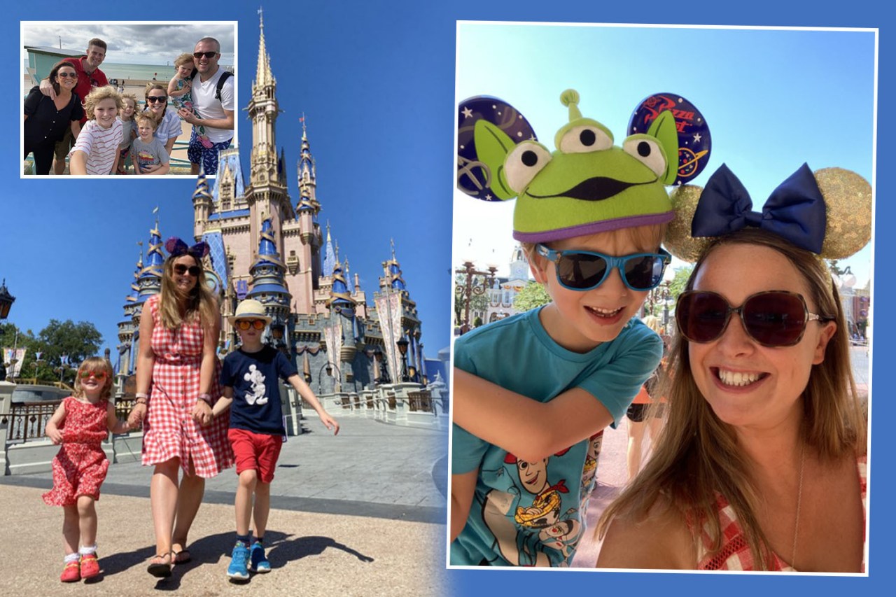 Collage of family photos from a beach vacation and Disney World.