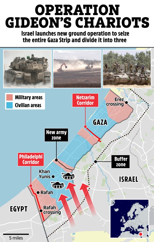 Illustration of Israel's Operation Gideon's Chariots map showing military and civilian zones in Gaza.