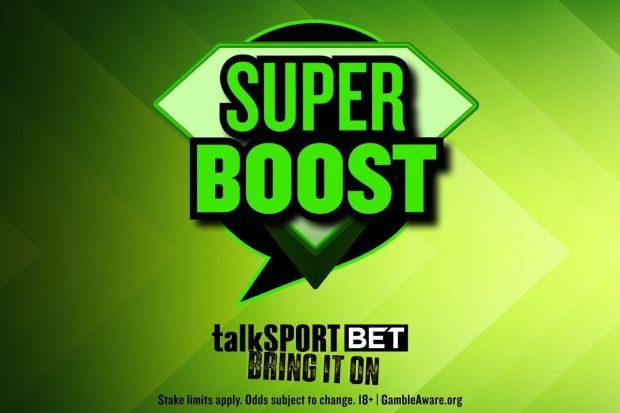 Illustration of a green diamond-shaped speech bubble with &quot;SUPER BOOST&quot; in large text, and &quot;talkSPORT BET BRING IT ON&quot; below.