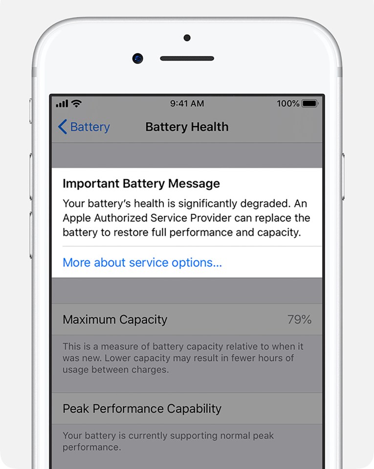 iPhone screen showing a significantly degraded battery health message.